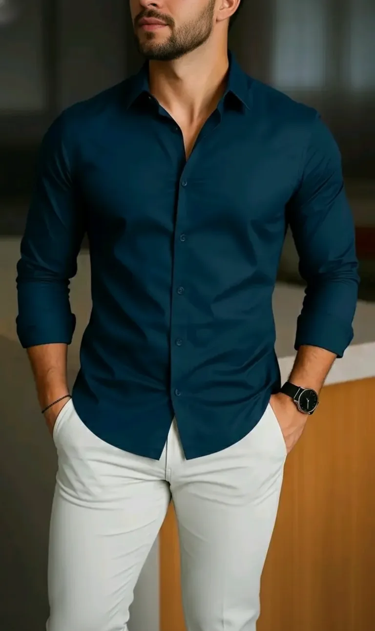 Men’s Solid Slim Fit Casual Shirt – Full Sleeve Cotton Blend Shirt for Daily & Party Wear